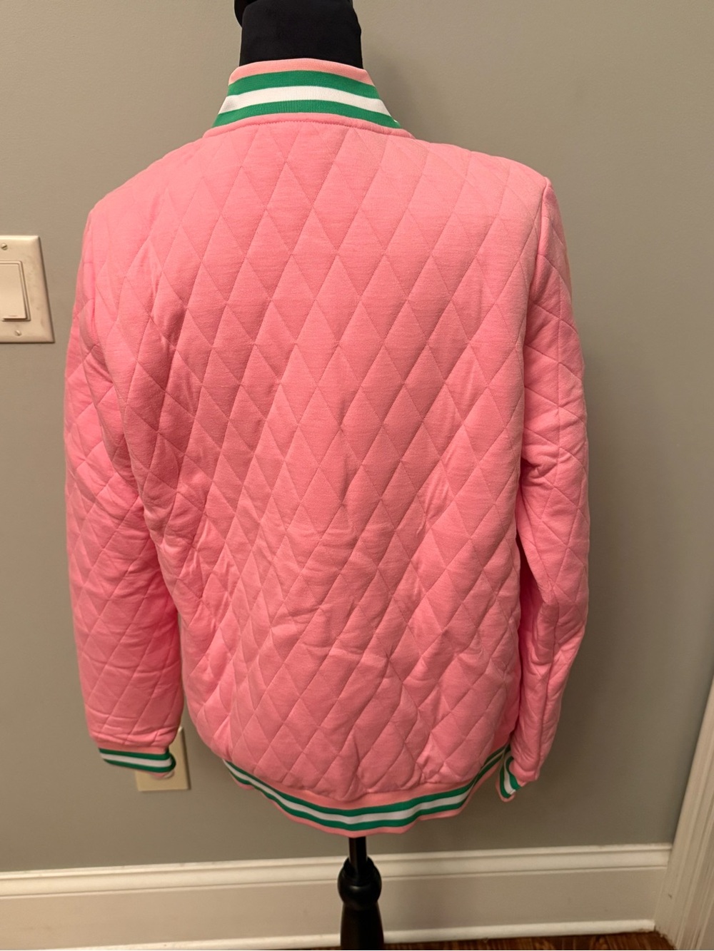 Women’s Pink AKA Quilted Bomber Jacket with Green/white Stripe Trim - Picture 3 of 6